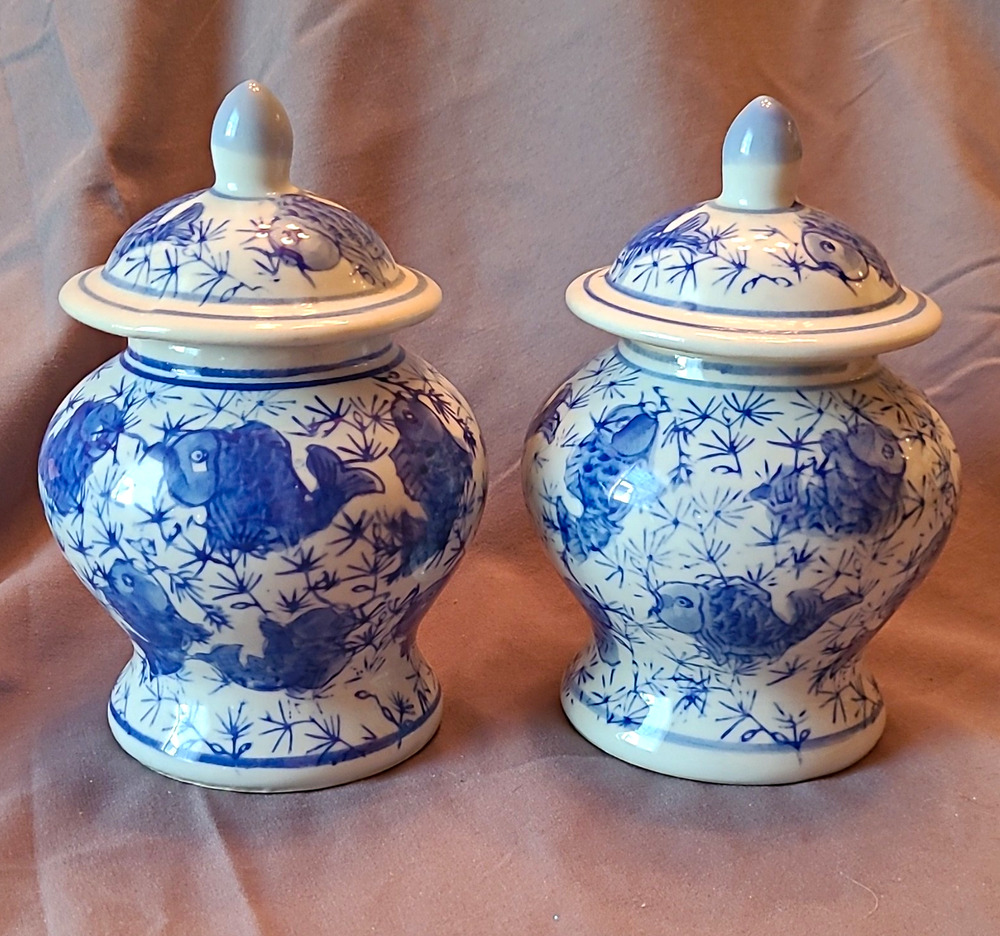 Pair Vintage Blue & White Porcelain Koi Fish Ginger Jars Chipped Rim On One
